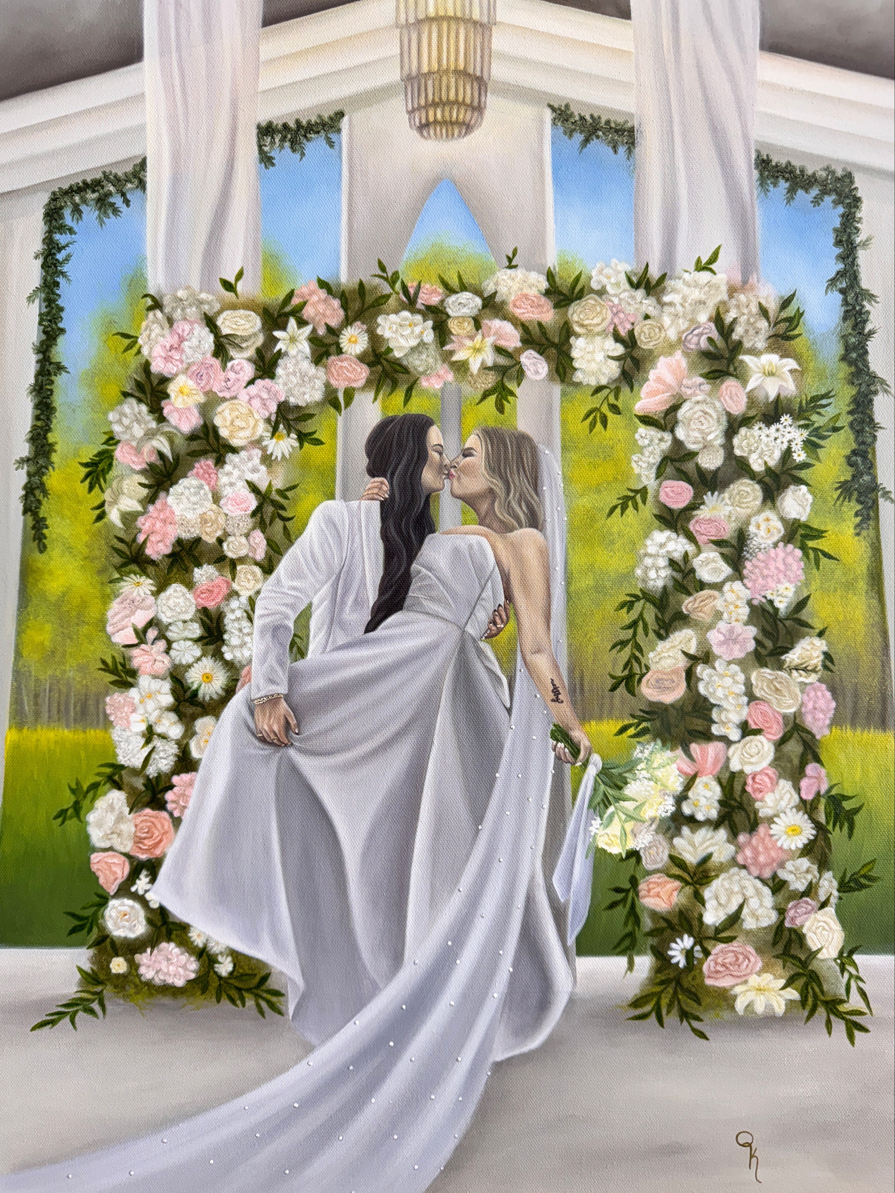 Wedding painting of two women in white dresses standing under a floral archway with a scenic background.
